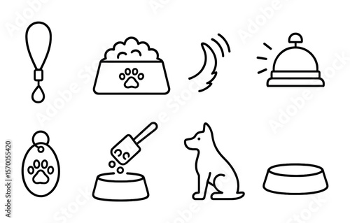 Dog Breakfast Icons. Outline vector icons of dog breakfast routine: leash icon, kibble bowl, tail wag, feeding