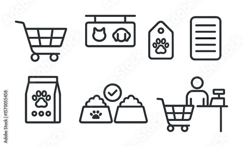 Pet Food Icons. Outline vector icons of pet food shopping: shopping cart, pet aisle, product tag, nutrition