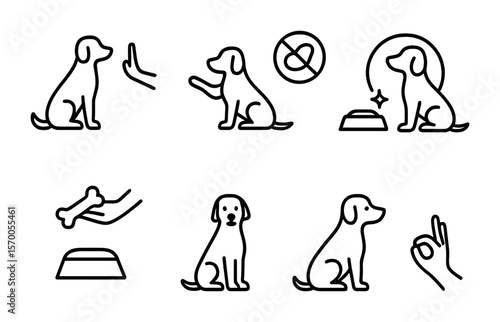 Pet Feeding Icons. Outline vector icons of pet feeding etiquette: sit command, wait paw, no begging sign,