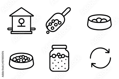 Pet Care Icons. Outline vector icons of feeding birds and small pets: bird feeder, seed scoop, water tube,