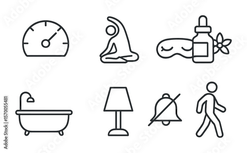 Stress Management Icons. Outline vector icons of stress management techniques: tension meter, stretching pose,