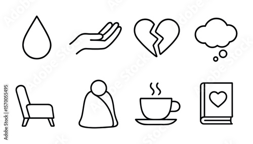 Mental Health Icons. Outline vector icons of managing the emotional toll of mental health struggles: tear icon