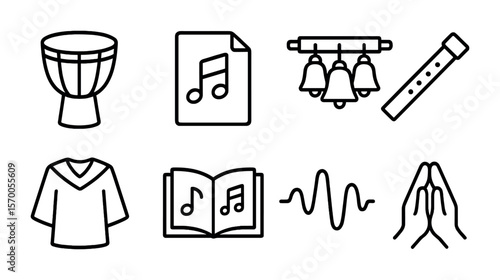 Sacred Music Icons. Outline vector icons of sacred music and instruments: hand drum, chanting sheet, bell
