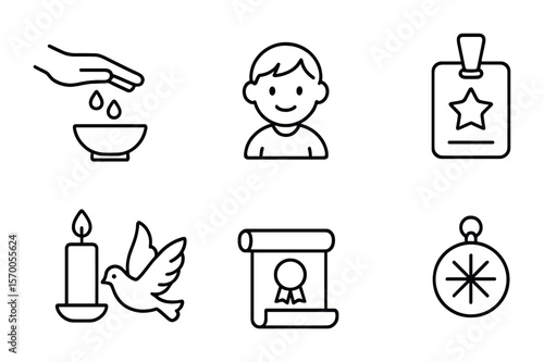 Rituals Icon Set. Outline vector icons of initiation and naming rituals: blessing hand, sacred water, child
