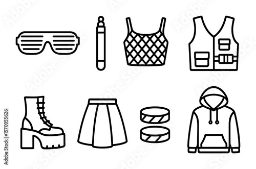 EDM Festival Outfit Icons. Outline vector icons of rave and EDM festival outfits: LED glasses, glow stick,