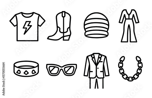Music Genre Icons. Outline vector icons of music genre-inspired looks: rock band tee, cowboy boots, reggae hat