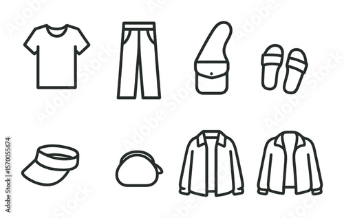 Minimalist Fashion Icons. Outline vector icons of minimalist fashion for festivals: solid color shirt, linen
