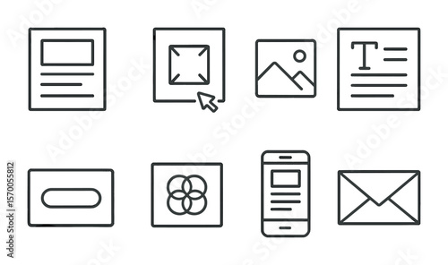 Email Design Icons. Outline vector icons of email design and templates: layout grid, drag section, image