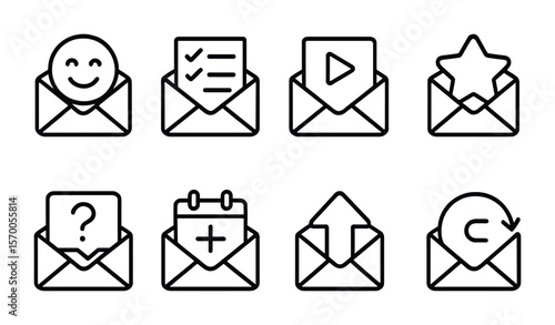SaaS Onboarding Icons. Outline vector icons of SaaS onboarding emails: welcome email, getting started