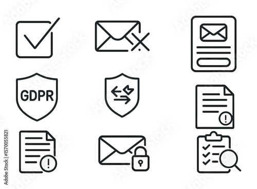 GDPR Compliance Icons. Outline vector icons of GDPR and email compliance: consent checkbox, unsubscribe icon,