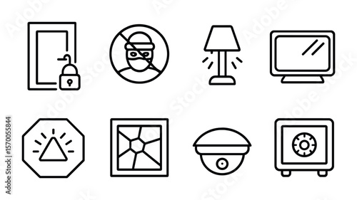 Burglary Prevention Icons. Outline vector icons of burglary prevention tips: locked doors, neighborhood watch,