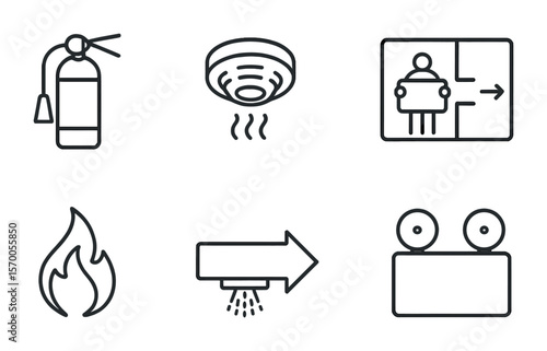 Home Fire Safety Icons. Outline vector icons of fire safety at home: fire extinguisher, smoke alarm, fire