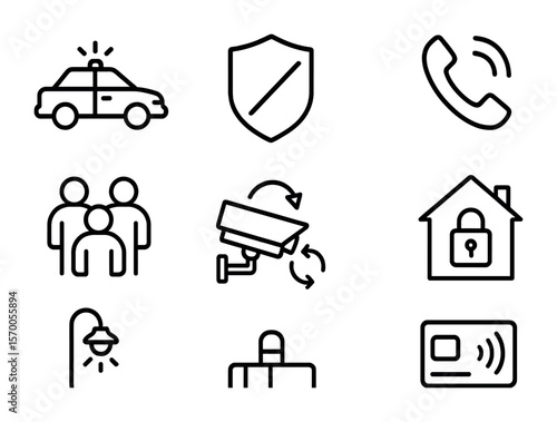 Community Security Icons. Outline vector icons of community and neighborhood security: patrol car,