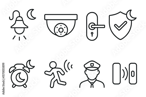 Nighttime Home Safety Icons. Outline vector icons of nighttime home safety: porch light, night vision cam,