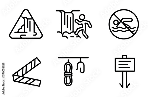 Waterfall Safety Icons. Outline vector icons of waterfall safety and signage: warning icon, slippery zone, do