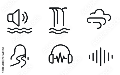 Waterfall Sound Icons. Outline vector icons of waterfall soundscapes: wave speaker, flowing line, mist echo,