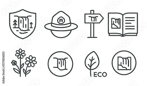 National Park Icons. Outline vector icons of waterfalls in national parks: park badge, ranger hat, trailhead