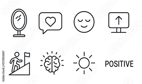 Self-Affirmation Icons. Outline vector icons of self-affirmation: mirror icon, speech bubble with heart, calm