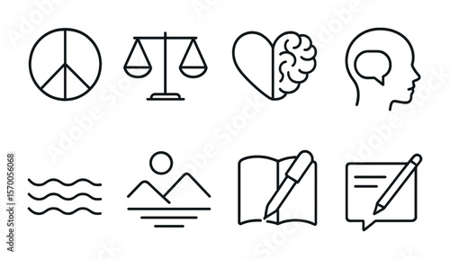 Mental Wellness Icons. Outline vector icons of mental wellness messages: peace icon, balanced scale, heart and