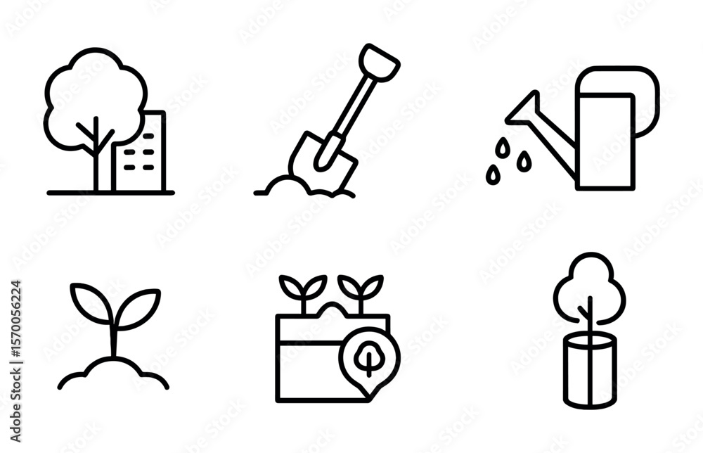 Obraz premium Urban Green Icons. Outline vector icons of urban reforestation initiatives: city tree, replanting shovel, park