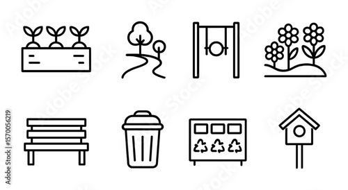 Public Green Spaces Icons. Outline vector icons of public green spaces: community garden, walking path,