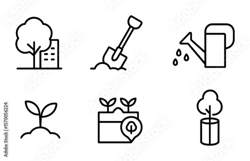 Urban Green Icons. Outline vector icons of urban reforestation initiatives: city tree, replanting shovel, park