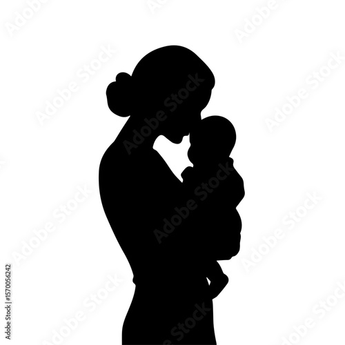 Mother holding baby silhouette on white background, representing maternal love and family. Mother and baby represents tender connection, pure feelings, and endless caring.