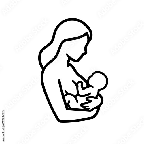 Mother breastfeeding baby depicted in simple line art, offering care and nourishment. Breastfeeding scene highlights maternal bond and postpartum support for newborn infants.