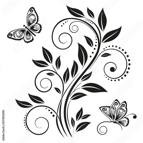 Elegant black and white floral vine with swirling branches and two decorative butterflies