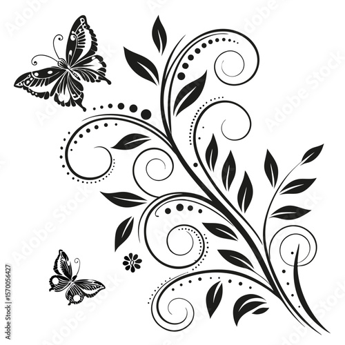 Elegant black and white floral swirl design with butterflies and leaves