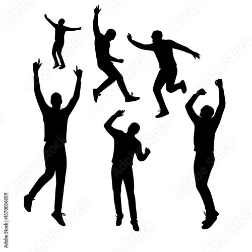 People jumping for joy in silhouette against plain backdrop. Dancing figures in image fx, jumping with energy and enthusiasm to express delight.