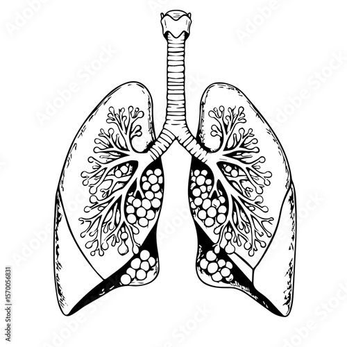 Human lungs depiction with detailed alveoli and bronchi in an anatomical drawing. Human lungs showcase pulmonary system with trachea and bronchioles in fine line anatomical art.