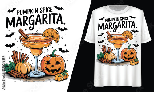Pumpkin Spice Margarita, Halloween Fall Drink, T-Shirt Design.