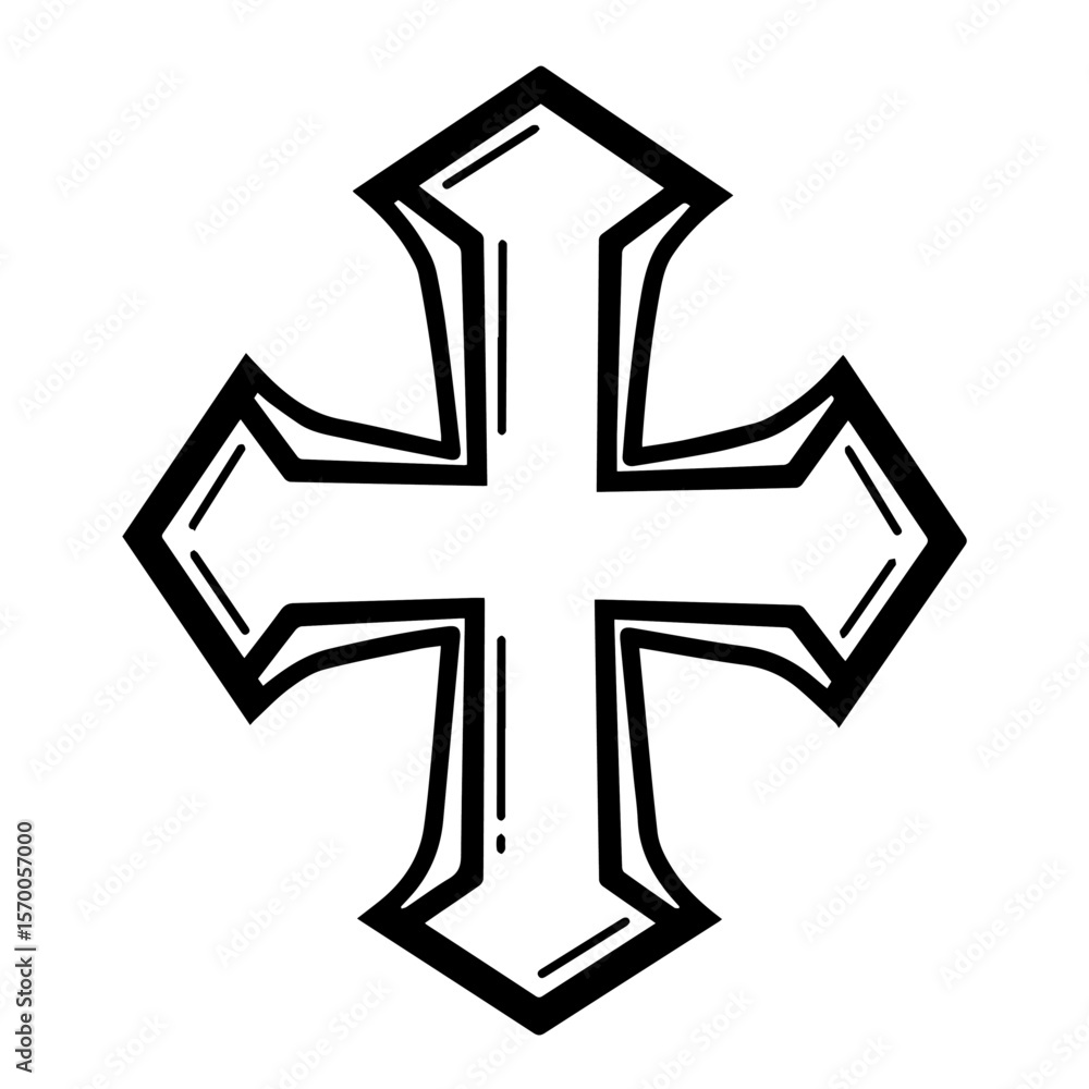 Fototapeta premium Isolated outline cross symbol in black and white conveys meaning. Outline cross artwork is spiritual in minimalist shape and simple black and white.