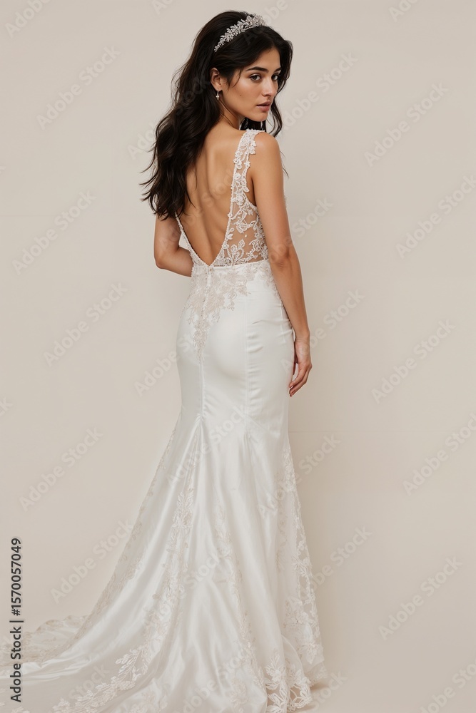 Young woman posing in elegant white wedding dress on neutral background Young woman posing in elegant white wedding dress on neutral background