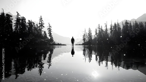 Black and white landscape photography of man on lake with trees and mountains view