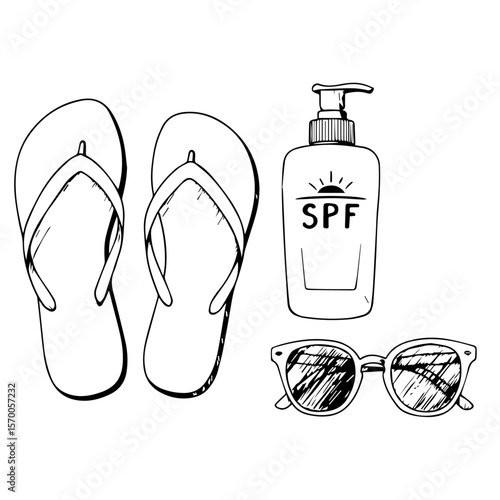 Summer essentials illustrated with flip flops, sunscreen, and sunglasses. Summer essentials arranged in simple composition, highlighting protection and relaxation for holiday.