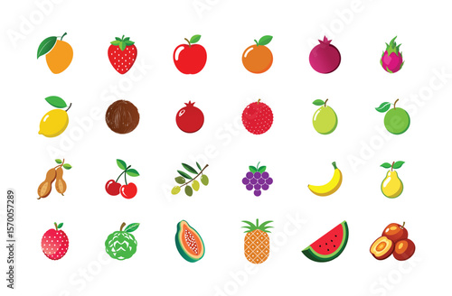 Colorful Vector Fruit Icons Set, Tropical and Exotic Fruit Collection