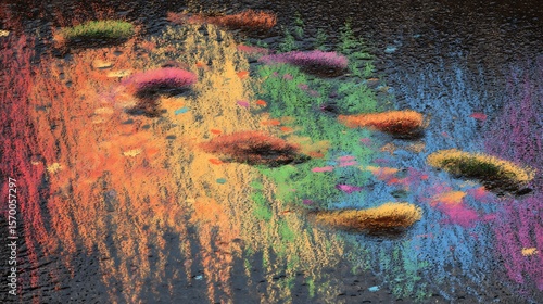 Abstract pastel drawing of colorful shapes and lines on a dark textured background art