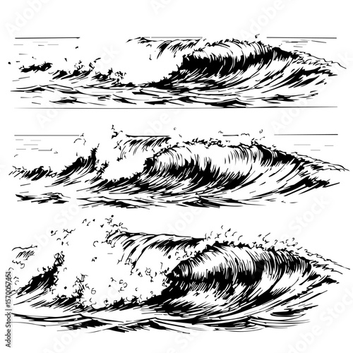 Three depictions of ocean wave formation, illustrating crashing and curling seas, present dramatic movement. Ocean wave formations demonstrate power and dynamism in nature's force.