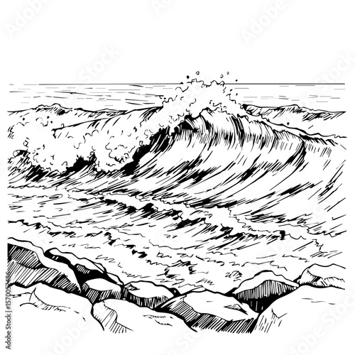 Ink drawing of sea waves crashing against shoreline rocks in monochrome. Sea waves with splashes of water rendered in shades of gray.