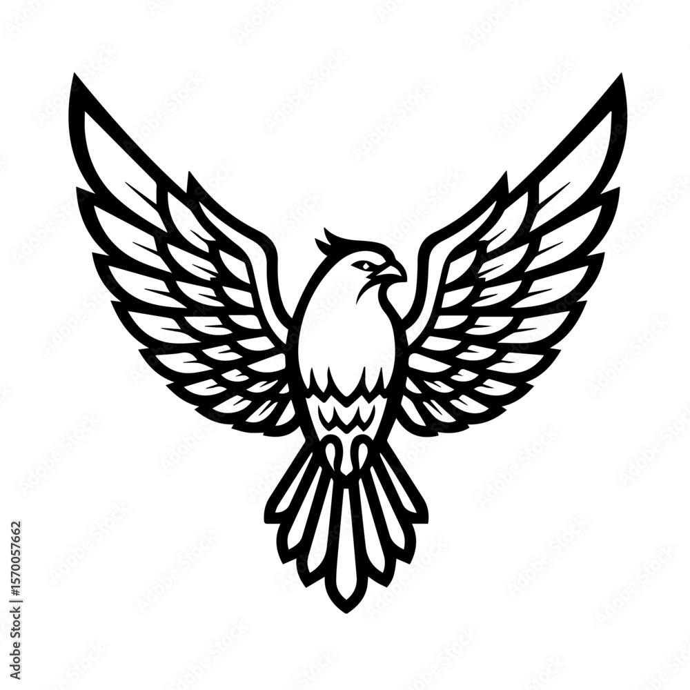 Obraz premium Majestic hawk drawing with outstretched wings, hawk drawing showcased in detailed black and white linework. Illustration hawk drawing for heraldry or logo designs, capturing grace and power,