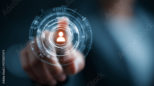 Digital Connection: A person's index finger touches a digitally rendered human icon on a screen, representing concepts of connection, user profiles, or the digital footprint.