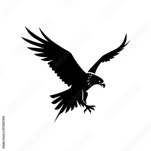 Eagle landing depicted in detailed monochrome silhouette, striking and dramatic. Eagle landing shown with wings spread and talons extended, conveying power. Symbol of freedom, emblem of courage,