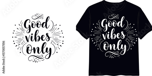 "Good Vibes Only" calligraphic style text, t-shirt print, isolated vector image, two design variants - on transparent background and on blue t-shirt