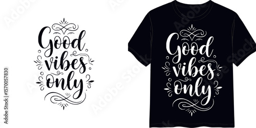 "Good Vibes Only", t-shirt print, isolated vector image, two design variants - on transparent background and on blue t-shirt
