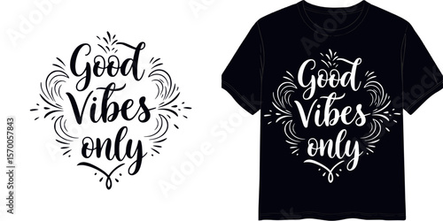Calligraphic style lettering "Good Vibes Only", t-shirt print, isolated vector image, two design variants - on transparent background and on blue t-shirt
