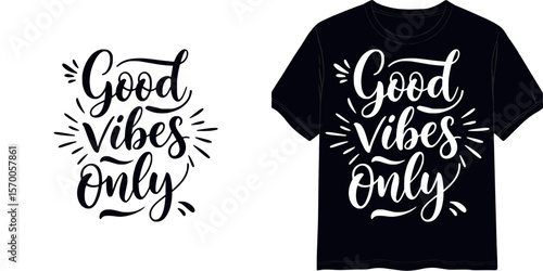 Calligraphic style lettering "Good Vibes Only", t-shirt print, isolated vector image, two design variants - on transparent background and on blue t-shirt
