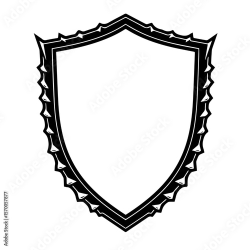 Spiked shield badge is a stylized black emblem on white backdrop. Spiked shield badge design enhances security theme. This spiked shield badge is well-suited for brand emblems.