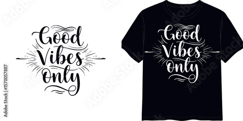 Calligraphic style lettering "Good Vibes Only", t-shirt print, isolated vector image, two design variants - on transparent background and on blue t-shirt
